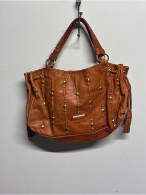 Isabella Fiore Cognac Leather Shoulder Tote with Stud Detail